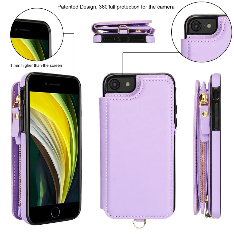 For iPhone SE 2022 / 2020 / 8 Double Flap Zipper RFID Leather Phone Case with Short Lanyard(Light Purple) - iPhone SE 2022 / 2020 / 8 / 7 Cases by buy2fix | Online Shopping UK | buy2fix