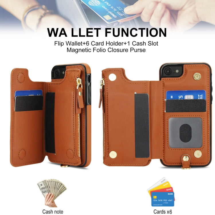 For iPhone SE 2022 / 2020 / 8 Double Flap Zipper RFID Leather Phone Case with Short Lanyard(Brown) - iPhone SE 2022 / 2020 / 8 / 7 Cases by buy2fix | Online Shopping UK | buy2fix