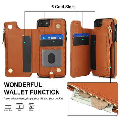 For iPhone SE 2022 / 2020 / 8 Double Flap Zipper RFID Leather Phone Case with Short Lanyard(Brown) - iPhone SE 2022 / 2020 / 8 / 7 Cases by buy2fix | Online Shopping UK | buy2fix
