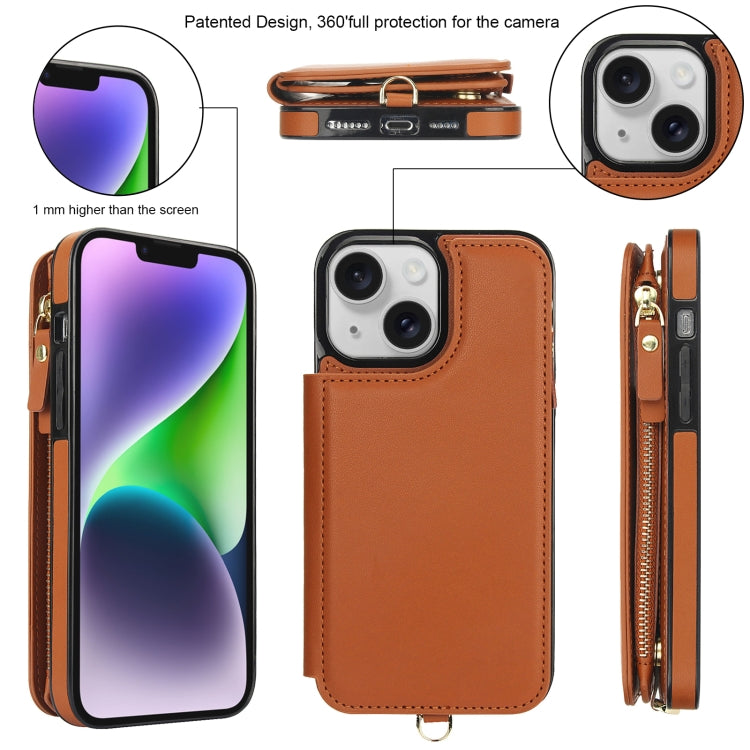 For iPhone 13 mini Double Flap Zipper RFID Leather Phone Case with Short Lanyard(Brown) - iPhone 13 mini Cases by buy2fix | Online Shopping UK | buy2fix