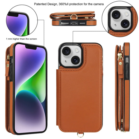 For iPhone 13 mini Double Flap Zipper RFID Leather Phone Case with Short Lanyard(Brown) - iPhone 13 mini Cases by buy2fix | Online Shopping UK | buy2fix