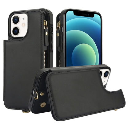 For iPhone 12 Double Flap Zipper RFID Leather Phone Case with Short Lanyard(Black) - iPhone 12 / 12 Pro Cases by buy2fix | Online Shopping UK | buy2fix