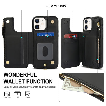 For iPhone 12 Double Flap Zipper RFID Leather Phone Case with Short Lanyard(Black) - iPhone 12 / 12 Pro Cases by buy2fix | Online Shopping UK | buy2fix