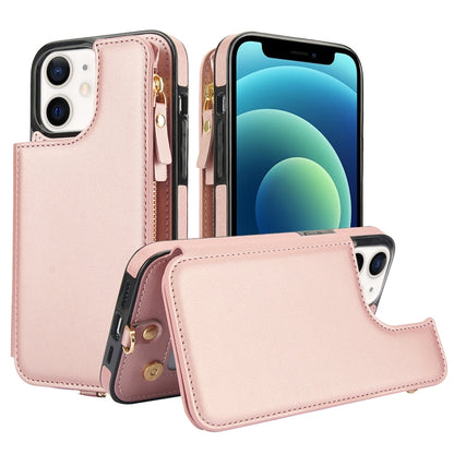 For iPhone 12 Double Flap Zipper RFID Leather Phone Case with Short Lanyard(Rose Gold) - iPhone 12 / 12 Pro Cases by buy2fix | Online Shopping UK | buy2fix