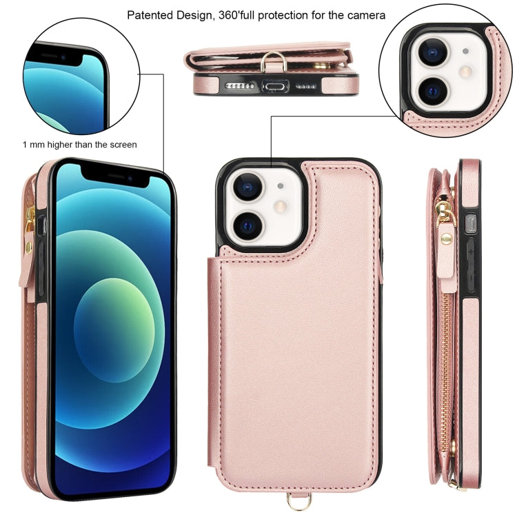 For iPhone 12 Double Flap Zipper RFID Leather Phone Case with Short Lanyard(Rose Gold) - iPhone 12 / 12 Pro Cases by buy2fix | Online Shopping UK | buy2fix