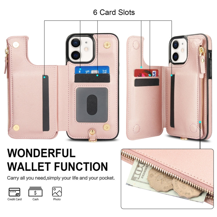 For iPhone 12 Double Flap Zipper RFID Leather Phone Case with Short Lanyard(Rose Gold) - iPhone 12 / 12 Pro Cases by buy2fix | Online Shopping UK | buy2fix