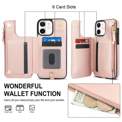 For iPhone 12 Double Flap Zipper RFID Leather Phone Case with Short Lanyard(Rose Gold) - iPhone 12 / 12 Pro Cases by buy2fix | Online Shopping UK | buy2fix