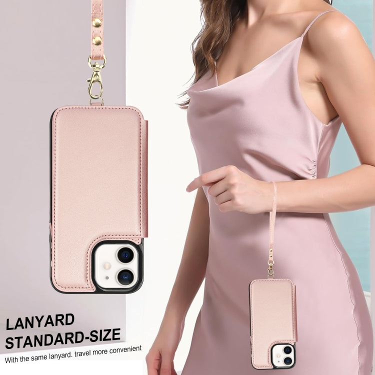 For iPhone 12 Double Flap Zipper RFID Leather Phone Case with Short Lanyard(Rose Gold) - iPhone 12 / 12 Pro Cases by buy2fix | Online Shopping UK | buy2fix