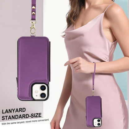 For iPhone 12 Double Flap Zipper RFID Leather Phone Case with Short Lanyard(Dark Purple) - iPhone 12 / 12 Pro Cases by buy2fix | Online Shopping UK | buy2fix