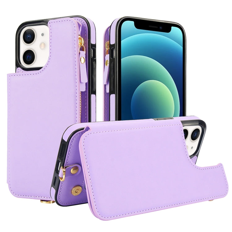For iPhone 12 Double Flap Zipper RFID Leather Phone Case with Short Lanyard(Light Purple) - iPhone 12 / 12 Pro Cases by buy2fix | Online Shopping UK | buy2fix