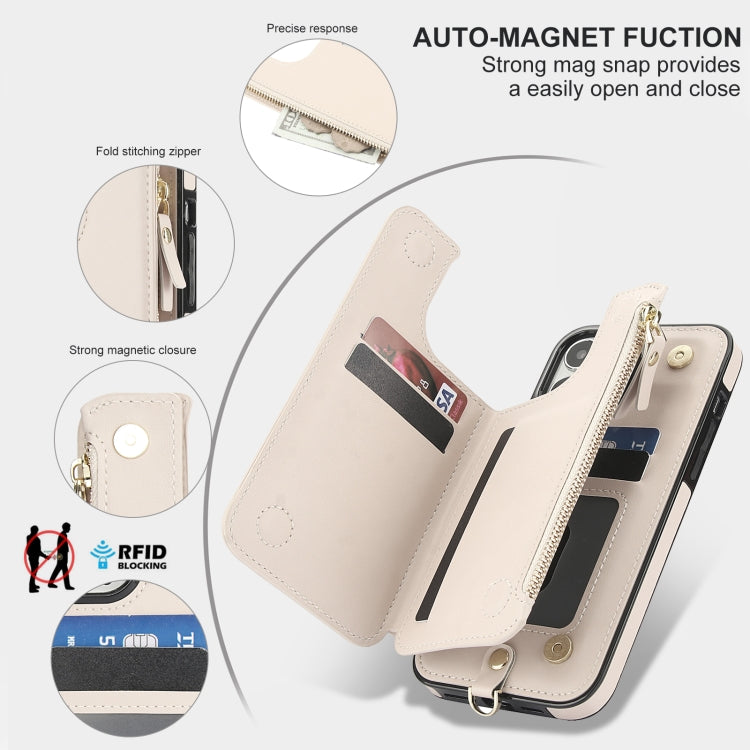For iPhone 12 Pro Max Double Flap Zipper RFID Leather Phone Case with Short Lanyard(White) - iPhone 12 Pro Max Cases by buy2fix | Online Shopping UK | buy2fix