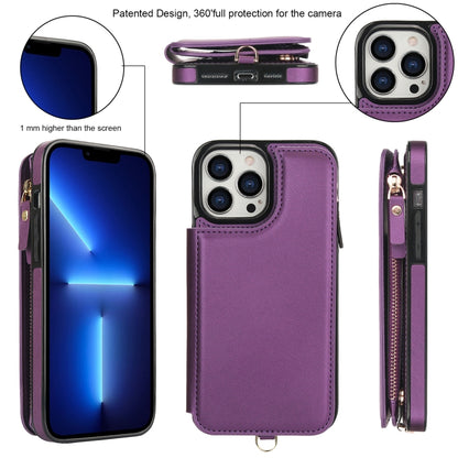 For iPhone 12 Pro Max Double Flap Zipper RFID Leather Phone Case with Short Lanyard(Dark Purple) - iPhone 12 Pro Max Cases by buy2fix | Online Shopping UK | buy2fix