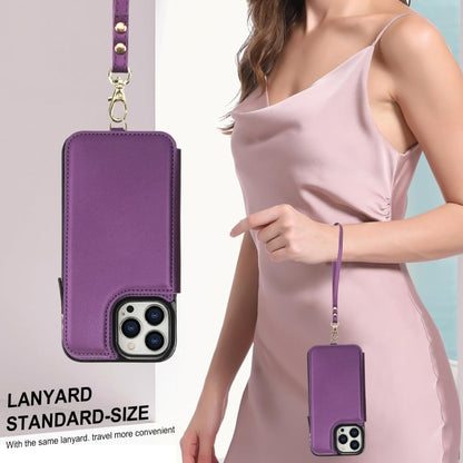 For iPhone 12 Pro Max Double Flap Zipper RFID Leather Phone Case with Short Lanyard(Dark Purple) - iPhone 12 Pro Max Cases by buy2fix | Online Shopping UK | buy2fix