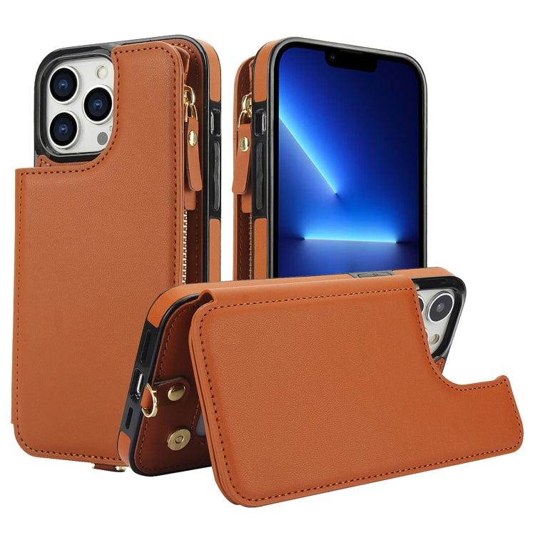 For iPhone 12 Pro Max Double Flap Zipper RFID Leather Phone Case with Short Lanyard(Brown) - iPhone 12 Pro Max Cases by buy2fix | Online Shopping UK | buy2fix