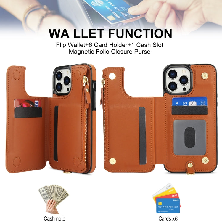 For iPhone 12 Pro Max Double Flap Zipper RFID Leather Phone Case with Short Lanyard(Brown) - iPhone 12 Pro Max Cases by buy2fix | Online Shopping UK | buy2fix