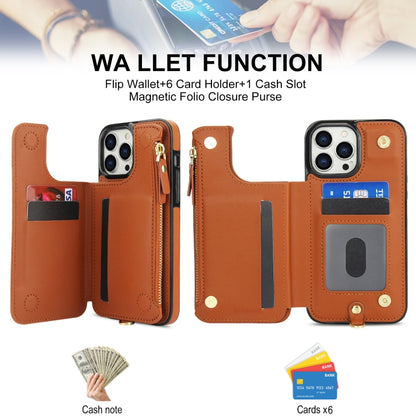 For iPhone 12 Pro Max Double Flap Zipper RFID Leather Phone Case with Short Lanyard(Brown) - iPhone 12 Pro Max Cases by buy2fix | Online Shopping UK | buy2fix