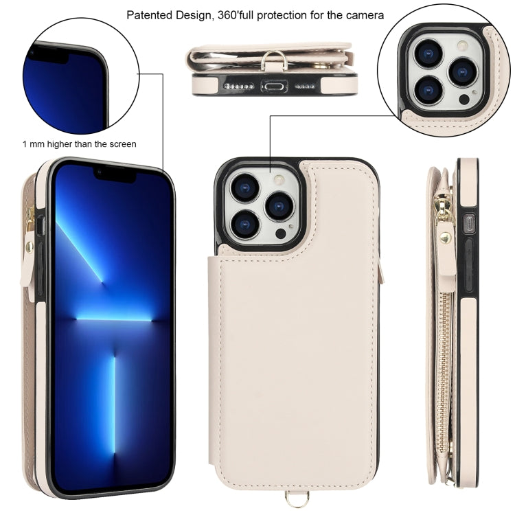 For iPhone 12 Pro Double Flap Zipper RFID Leather Phone Case with Short Lanyard(White) - iPhone 12 / 12 Pro Cases by buy2fix | Online Shopping UK | buy2fix
