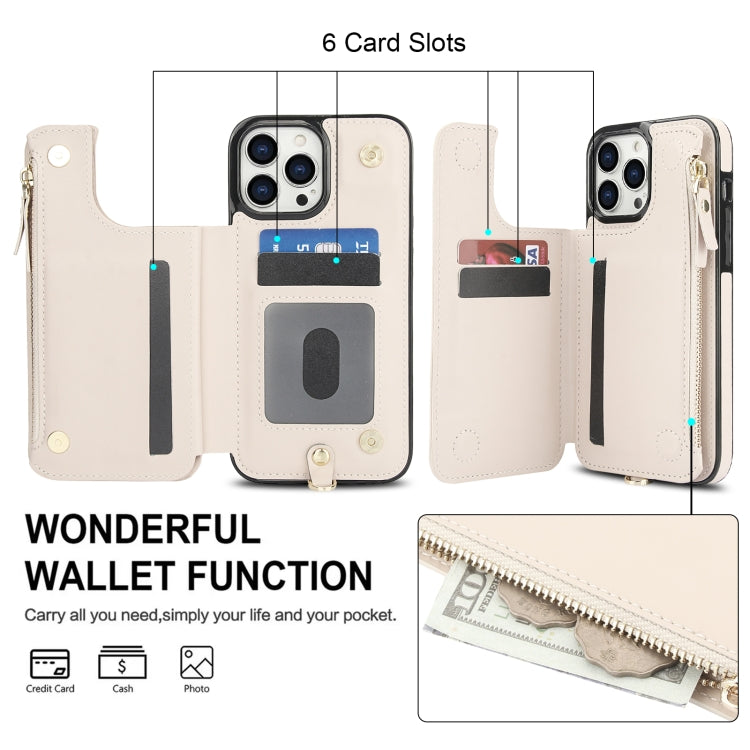 For iPhone 12 Pro Double Flap Zipper RFID Leather Phone Case with Short Lanyard(White) - iPhone 12 / 12 Pro Cases by buy2fix | Online Shopping UK | buy2fix