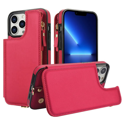 For iPhone 12 Pro Double Flap Zipper RFID Leather Phone Case with Short Lanyard(Red) - iPhone 12 / 12 Pro Cases by buy2fix | Online Shopping UK | buy2fix