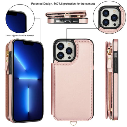 For iPhone 12 Pro Double Flap Zipper RFID Leather Phone Case with Short Lanyard(Rose Gold) - iPhone 12 / 12 Pro Cases by buy2fix | Online Shopping UK | buy2fix
