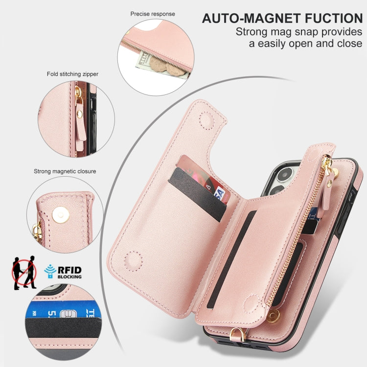 For iPhone 12 Pro Double Flap Zipper RFID Leather Phone Case with Short Lanyard(Rose Gold) - iPhone 12 / 12 Pro Cases by buy2fix | Online Shopping UK | buy2fix