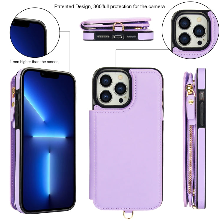 For iPhone 12 Pro Double Flap Zipper RFID Leather Phone Case with Short Lanyard(Light Purple) - iPhone 12 / 12 Pro Cases by buy2fix | Online Shopping UK | buy2fix