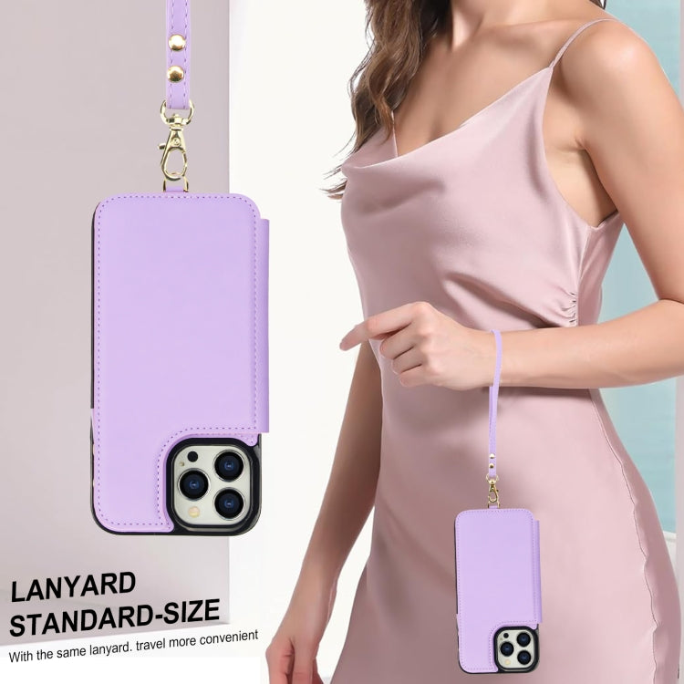 For iPhone 12 Pro Double Flap Zipper RFID Leather Phone Case with Short Lanyard(Light Purple) - iPhone 12 / 12 Pro Cases by buy2fix | Online Shopping UK | buy2fix