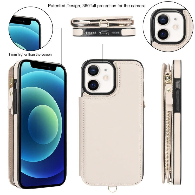 For iPhone 12 mini Double Flap Zipper RFID Leather Phone Case with Short Lanyard(White) - iPhone 12 mini Cases by buy2fix | Online Shopping UK | buy2fix