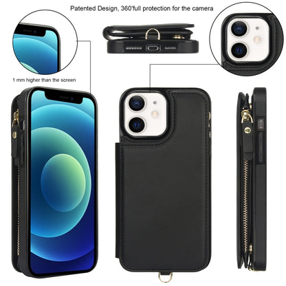 For iPhone 12 mini Double Flap Zipper RFID Leather Phone Case with Short Lanyard(Black) - iPhone 12 mini Cases by buy2fix | Online Shopping UK | buy2fix