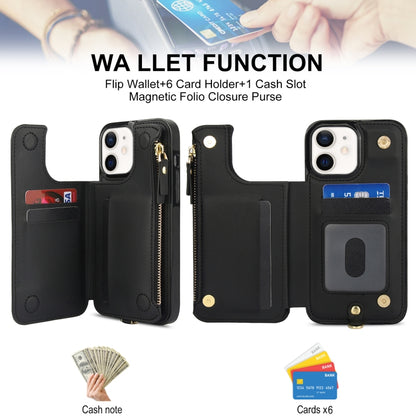 For iPhone 12 mini Double Flap Zipper RFID Leather Phone Case with Short Lanyard(Black) - iPhone 12 mini Cases by buy2fix | Online Shopping UK | buy2fix