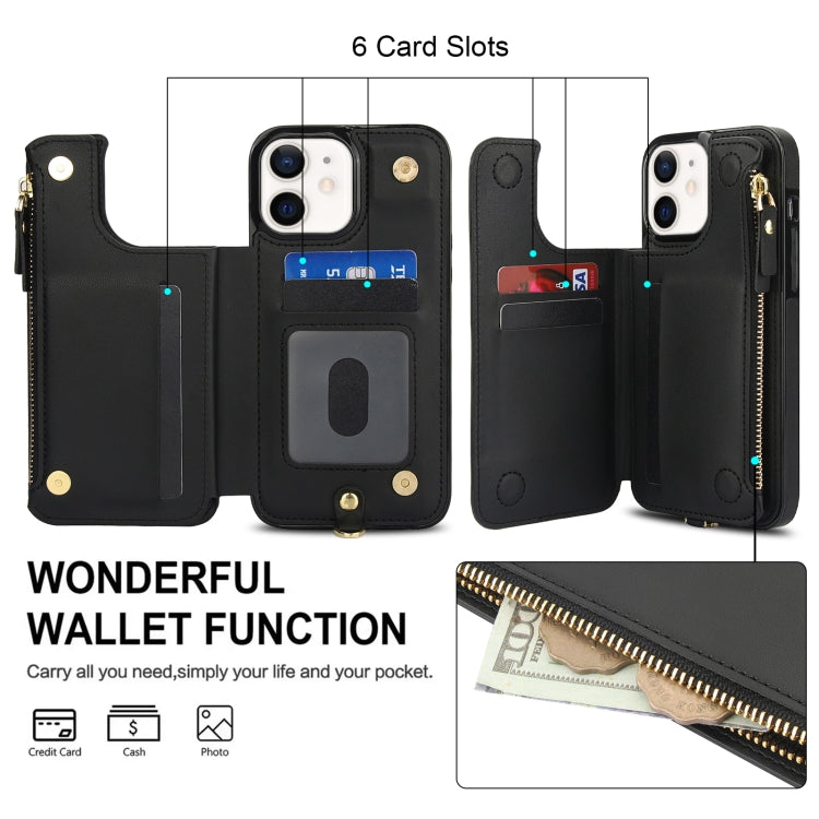 For iPhone 12 mini Double Flap Zipper RFID Leather Phone Case with Short Lanyard(Black) - iPhone 12 mini Cases by buy2fix | Online Shopping UK | buy2fix