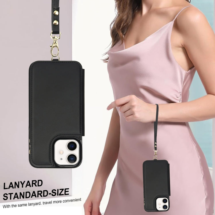 For iPhone 12 mini Double Flap Zipper RFID Leather Phone Case with Short Lanyard(Black) - iPhone 12 mini Cases by buy2fix | Online Shopping UK | buy2fix