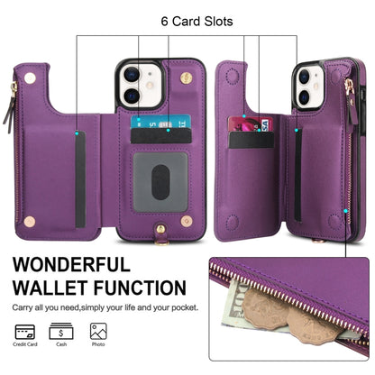 For iPhone 12 mini Double Flap Zipper RFID Leather Phone Case with Short Lanyard(Dark Purple) - iPhone 12 mini Cases by buy2fix | Online Shopping UK | buy2fix