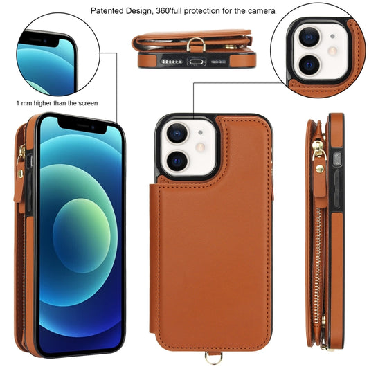 For iPhone 12 mini Double Flap Zipper RFID Leather Phone Case with Short Lanyard(Brown) - iPhone 12 mini Cases by buy2fix | Online Shopping UK | buy2fix