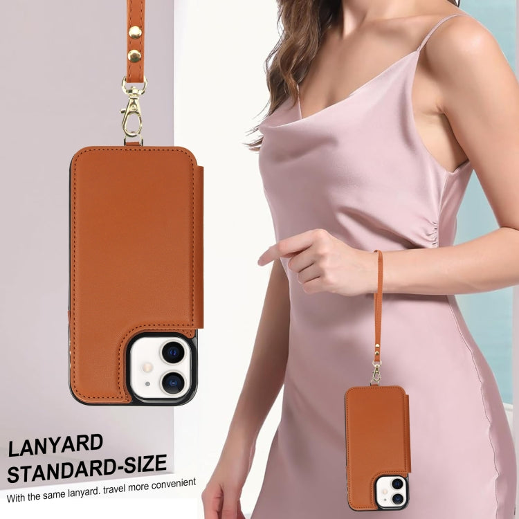 For iPhone 12 mini Double Flap Zipper RFID Leather Phone Case with Short Lanyard(Brown) - iPhone 12 mini Cases by buy2fix | Online Shopping UK | buy2fix