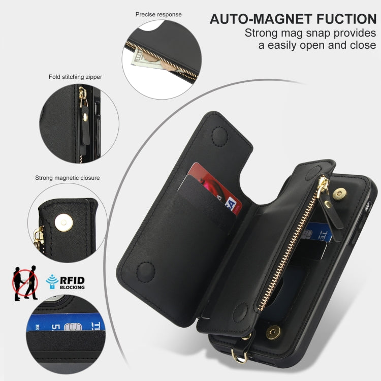 For iPhone 11 Pro Max Double Flap Zipper RFID Leather Phone Case with Short Lanyard(Black) - iPhone 11 Pro Max Cases by buy2fix | Online Shopping UK | buy2fix