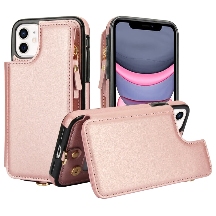 For iPhone 11 Pro Max Double Flap Zipper RFID Leather Phone Case with Short Lanyard(Rose Gold) - iPhone 11 Pro Max Cases by buy2fix | Online Shopping UK | buy2fix