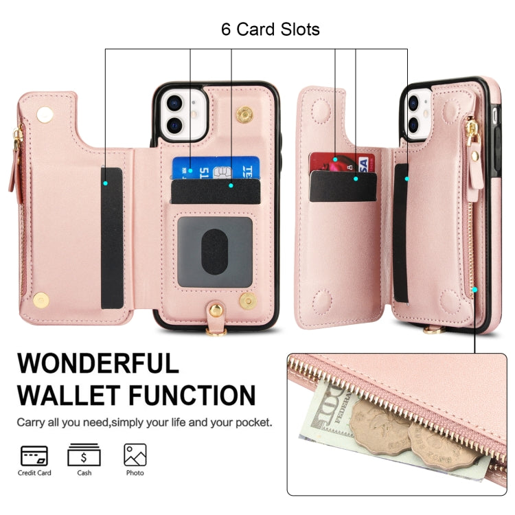 For iPhone 11 Pro Max Double Flap Zipper RFID Leather Phone Case with Short Lanyard(Rose Gold) - iPhone 11 Pro Max Cases by buy2fix | Online Shopping UK | buy2fix