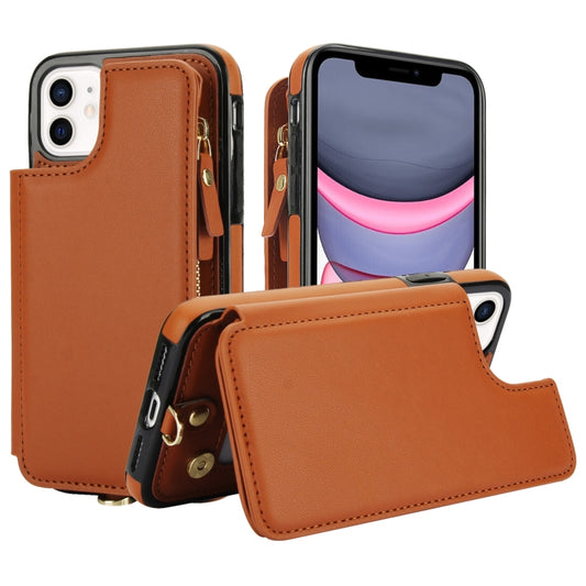 For iPhone 11 Pro Max Double Flap Zipper RFID Leather Phone Case with Short Lanyard(Brown) - iPhone 11 Pro Max Cases by buy2fix | Online Shopping UK | buy2fix