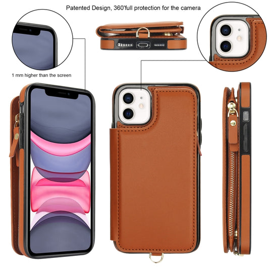 For iPhone 11 Pro Max Double Flap Zipper RFID Leather Phone Case with Short Lanyard(Brown) - iPhone 11 Pro Max Cases by buy2fix | Online Shopping UK | buy2fix