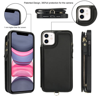 For iPhone 11 Double Flap Zipper RFID Leather Phone Case with Short Lanyard(Black) - iPhone 11 Cases by buy2fix | Online Shopping UK | buy2fix