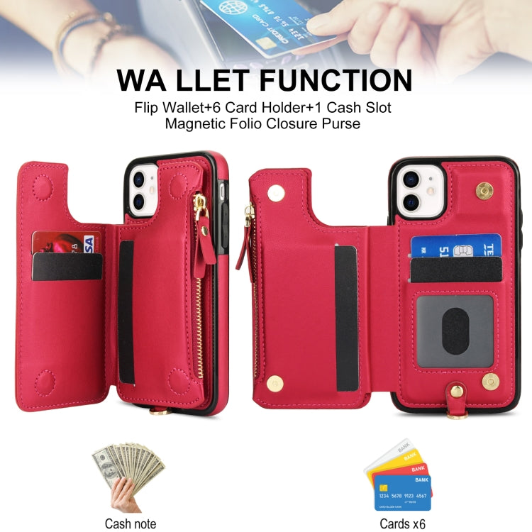For iPhone 11 Double Flap Zipper RFID Leather Phone Case with Short Lanyard(Red) - iPhone 11 Cases by buy2fix | Online Shopping UK | buy2fix
