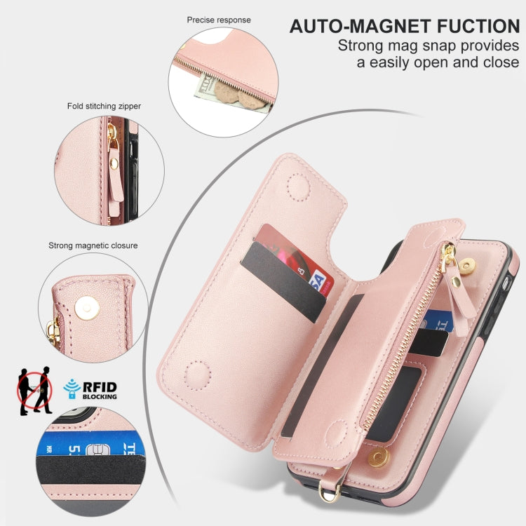 For iPhone 11 Double Flap Zipper RFID Leather Phone Case with Short Lanyard(Rose Gold) - iPhone 11 Cases by buy2fix | Online Shopping UK | buy2fix