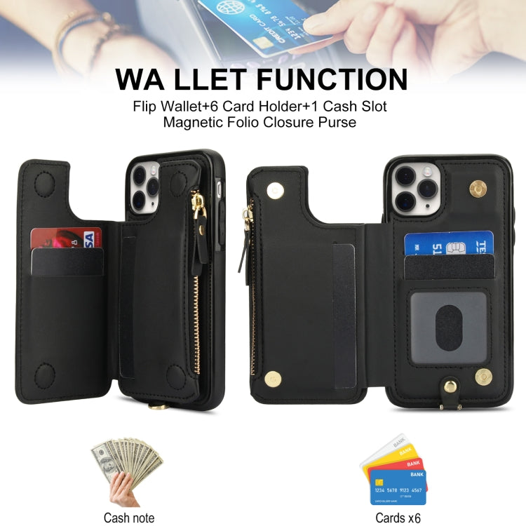 For iPhone 11 Pro Double Flap Zipper RFID Leather Phone Case with Short Lanyard(Black) - iPhone 11 Pro Cases by buy2fix | Online Shopping UK | buy2fix