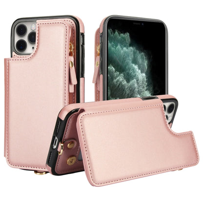 For iPhone 11 Pro Double Flap Zipper RFID Leather Phone Case with Short Lanyard(Rose Gold) - iPhone 11 Pro Cases by buy2fix | Online Shopping UK | buy2fix