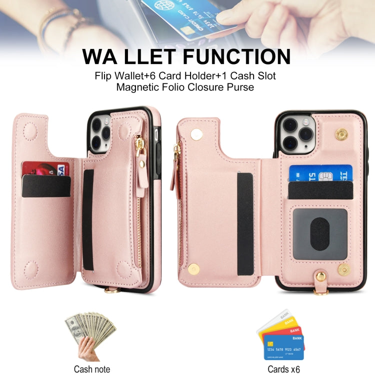 For iPhone 11 Pro Double Flap Zipper RFID Leather Phone Case with Short Lanyard(Rose Gold) - iPhone 11 Pro Cases by buy2fix | Online Shopping UK | buy2fix