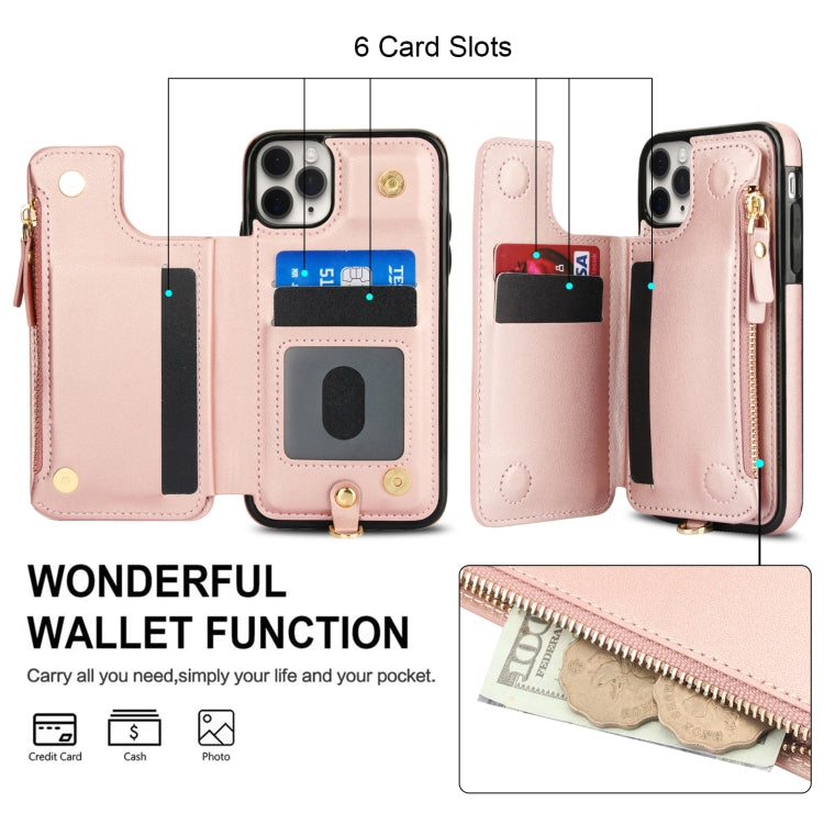 For iPhone 11 Pro Double Flap Zipper RFID Leather Phone Case with Short Lanyard(Rose Gold) - iPhone 11 Pro Cases by buy2fix | Online Shopping UK | buy2fix