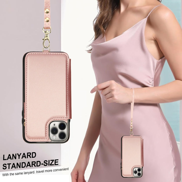 For iPhone 11 Pro Double Flap Zipper RFID Leather Phone Case with Short Lanyard(Rose Gold) - iPhone 11 Pro Cases by buy2fix | Online Shopping UK | buy2fix