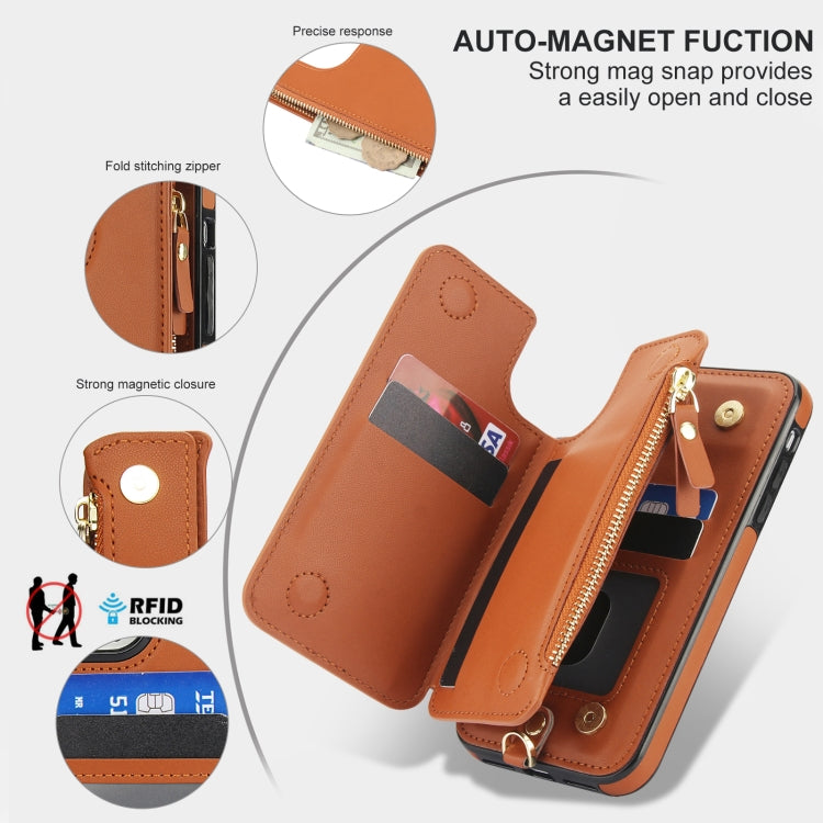 For iPhone 11 Pro Double Flap Zipper RFID Leather Phone Case with Short Lanyard(Brown) - iPhone 11 Pro Cases by buy2fix | Online Shopping UK | buy2fix