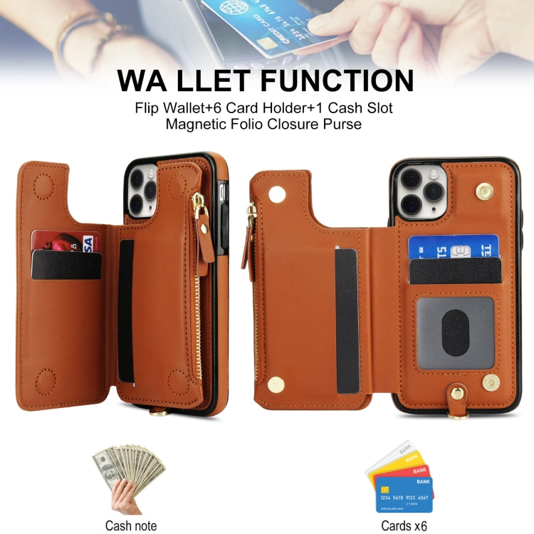 For iPhone 11 Pro Double Flap Zipper RFID Leather Phone Case with Short Lanyard(Brown) - iPhone 11 Pro Cases by buy2fix | Online Shopping UK | buy2fix